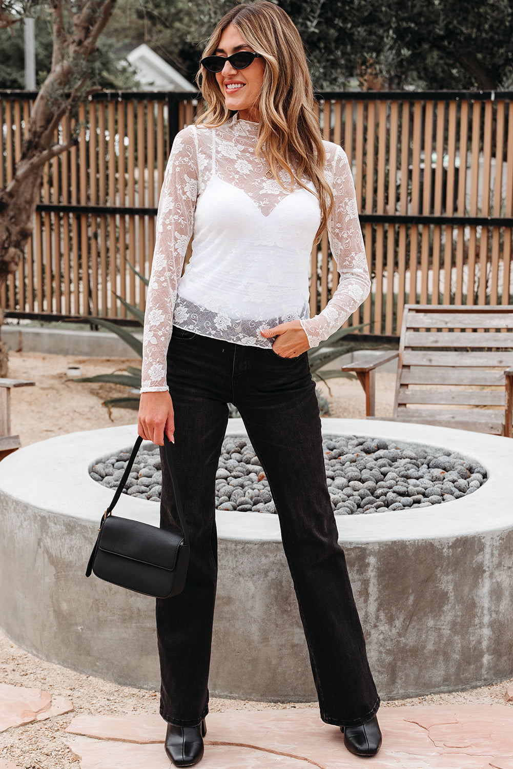 Myla Sheer Floral Lace Mesh Mock Neck Long Sleeve Top