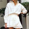 Oymimi Elegant Beige Cotton Two Piece Set For Woman Fashion Long Sleeve Button Shirts And High Waist Lace-Up Mini Skirts Sets