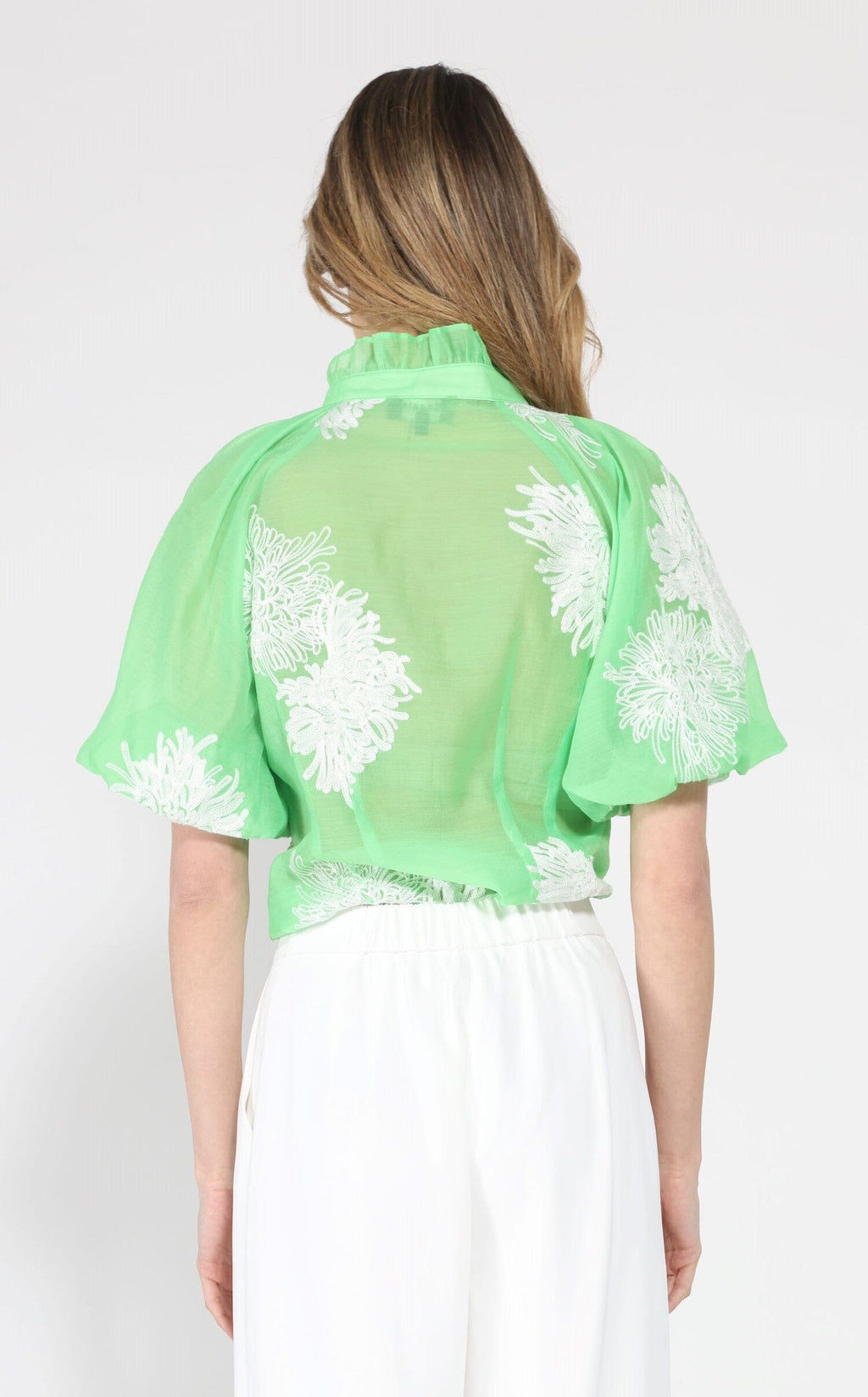 Gracia Fashion Women's Puff sleeve embroidered organza top