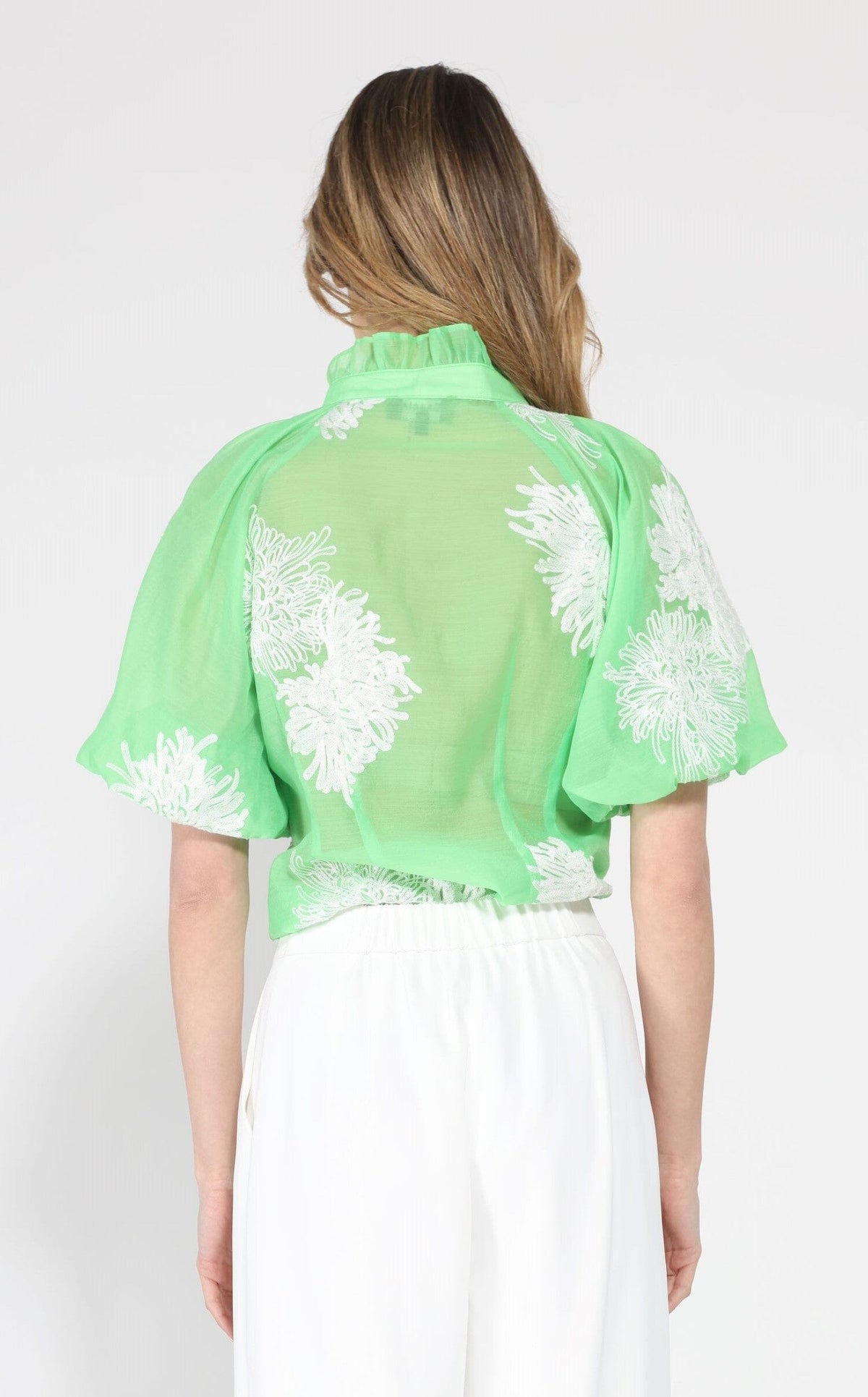Gracia Fashion Women's Puff sleeve embroidered organza top