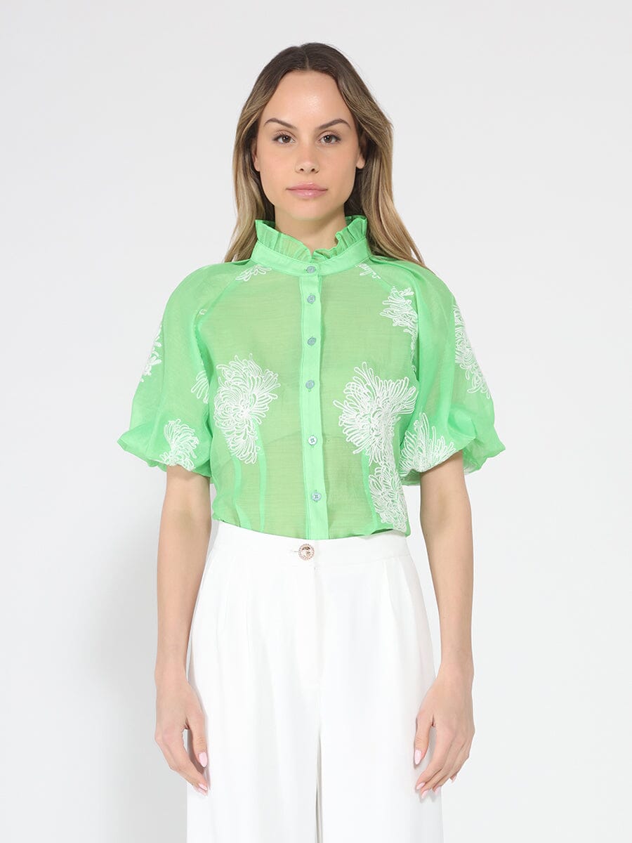 Gracia Fashion Women's Puff sleeve embroidered organza top